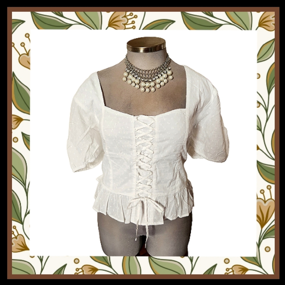 SWISS DOT ☆ WHITE LACE UP  ☆ SWEETHEART PEASANT TOP ☆ 3x ☆ NWT